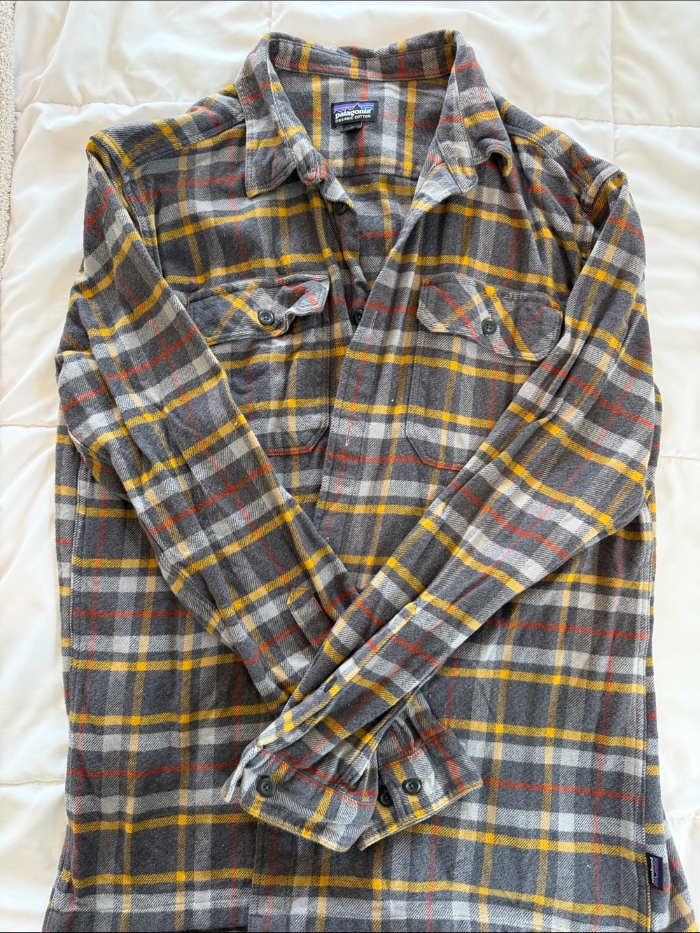 Patagonia Men's Gray Plaid Button-Down Shirt with Yellow & Red Accents